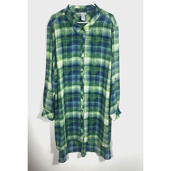 Catherines Featherweight Plaid Tunic Duster Button Front Blue Green Size 3X - Picture 1 of 11